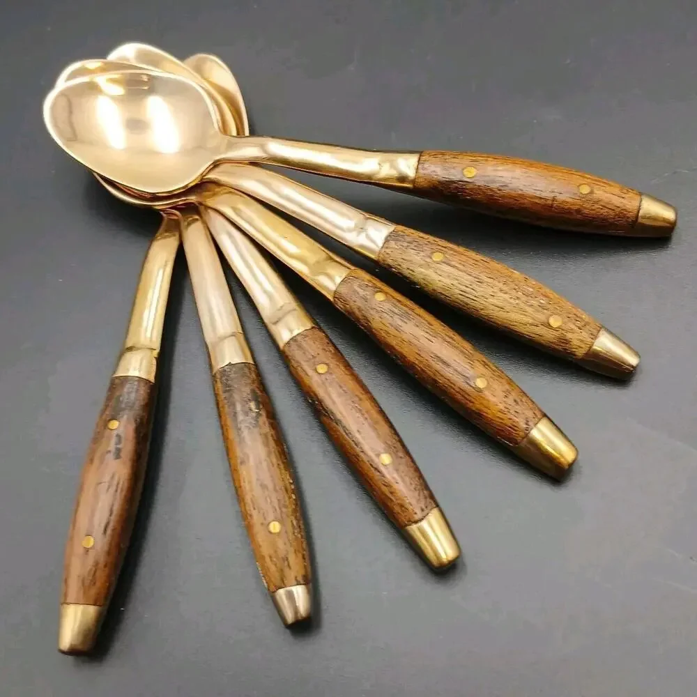 Antique Rosewood Bronze and Wood Set of 6 Small Spoon Thailand Rare